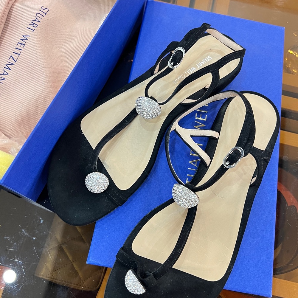 Stuart Weitzman Black Suede T-Strap Sandals with Crystal Orbs